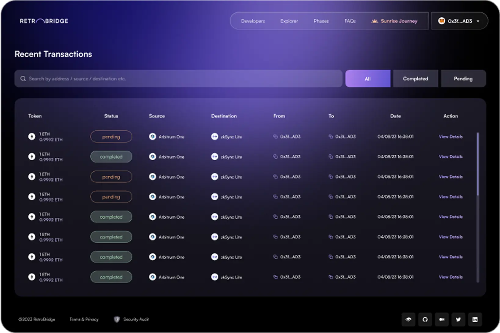 screen with a recent transactions