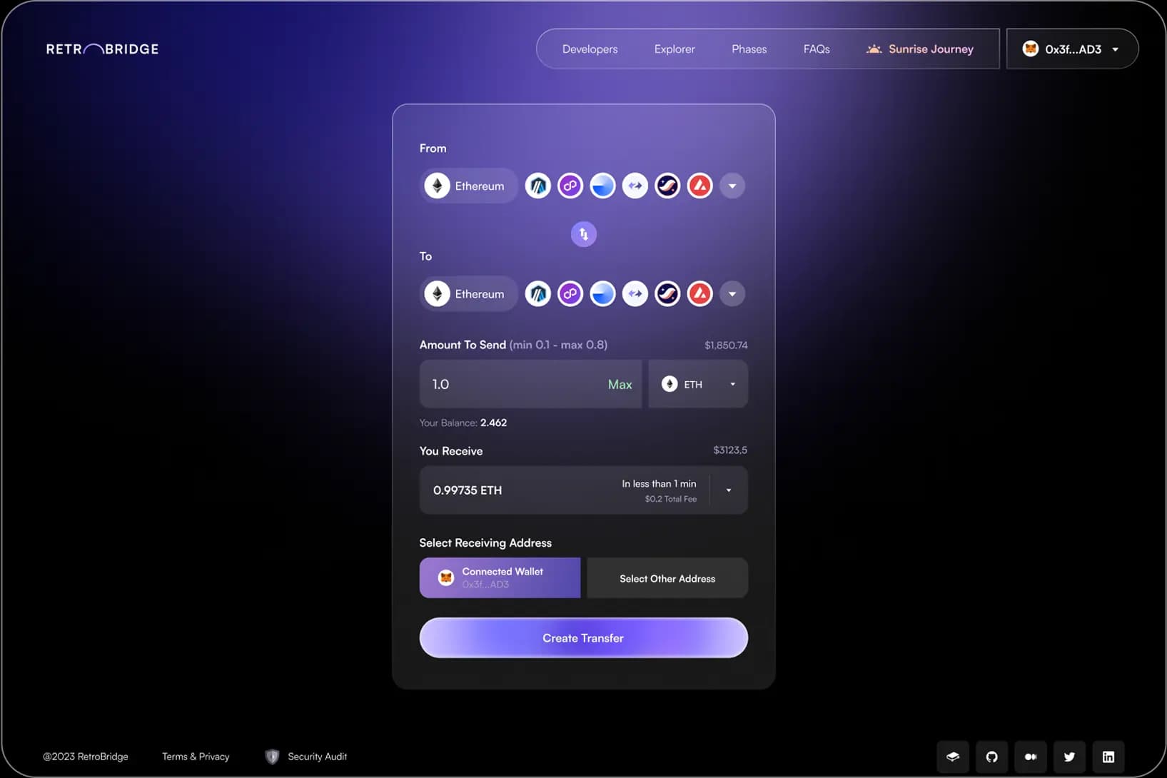 screen with a token transfer